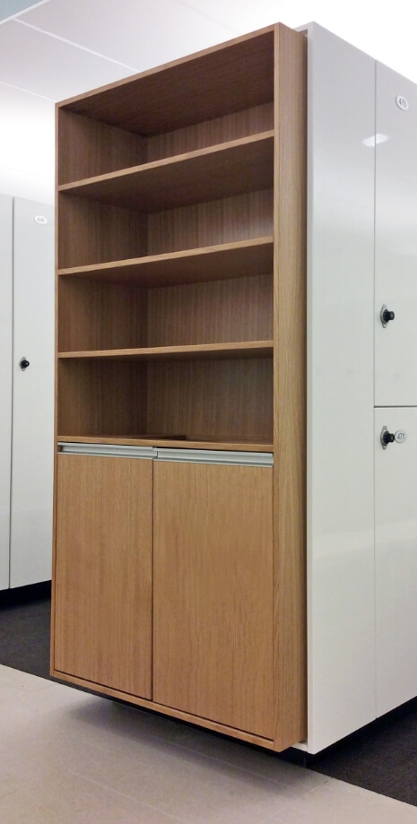 Cupboard and shelves with wood grain finish