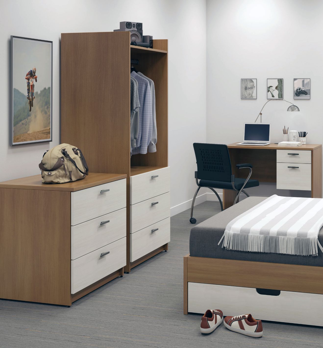 Bedroom with drawer storage unit